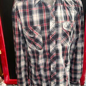 Buffalo David Bitton Men LG Long Sleeve‎ Red Gray Casual Button-Down Shirt (GS1)